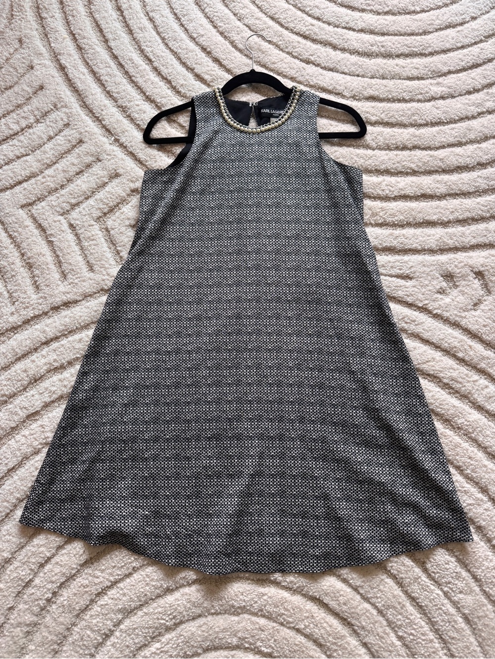 Karl Lagerfeld Black & White Tweed-Look Sleeveless Mini Dress with Beaded Collar